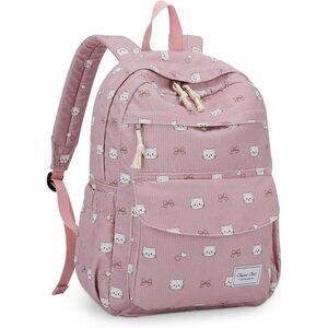 Vintage Aesthetic Corduroy Backpack for Kids: Cute Plush Bookbag in Pink Cat